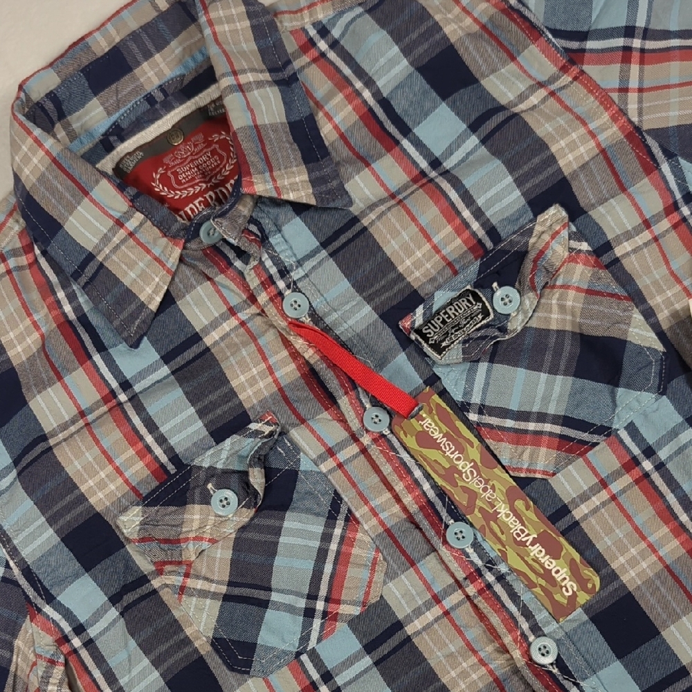 NEW Superdry Women's 2 Pocket Multicolor Plaid Button Up Long‎ Sleeve Shirt XL